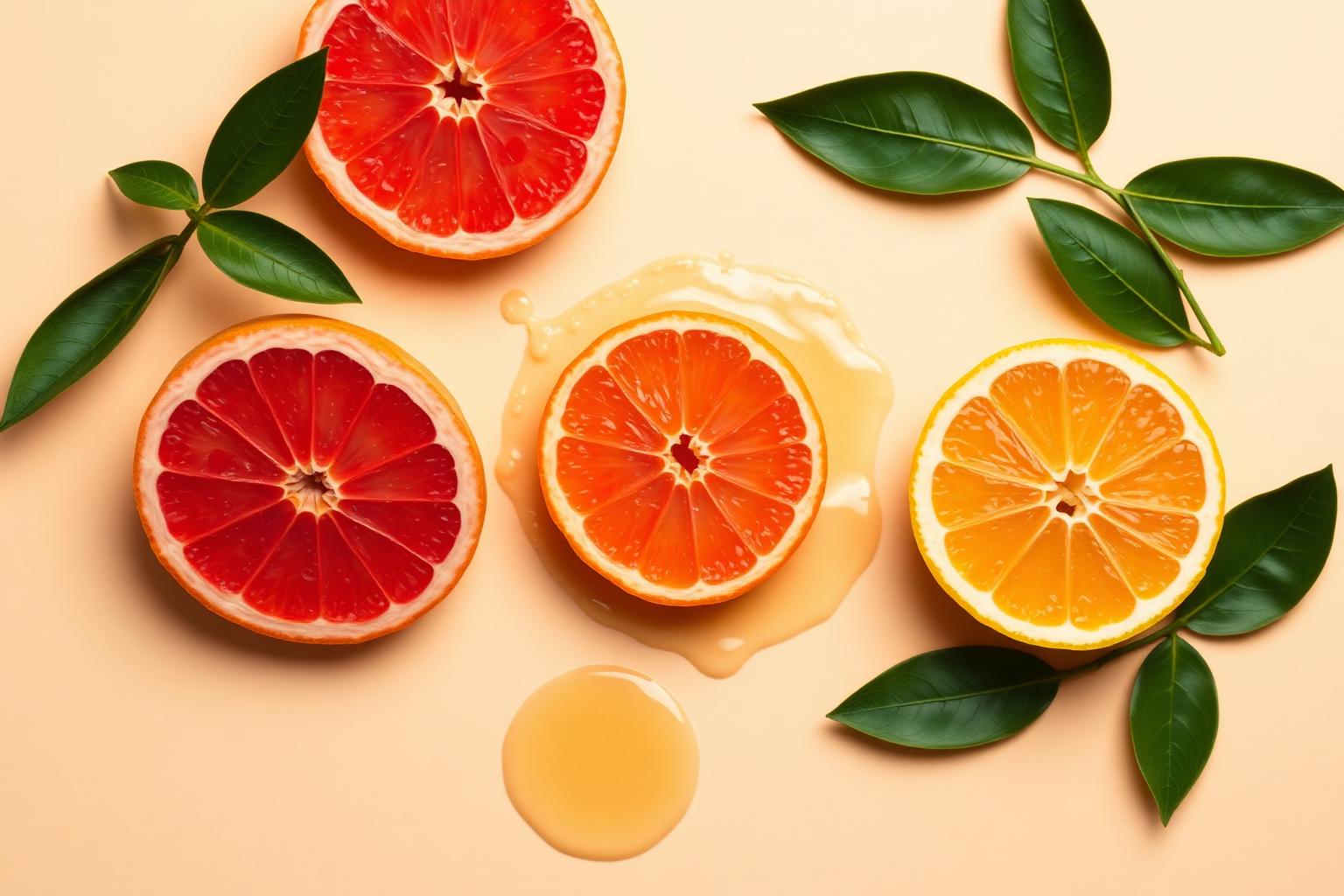 Fresh grapefruit, orange and lemon halves with juice splash — CitrusBurn natural citrus supplement ingredients